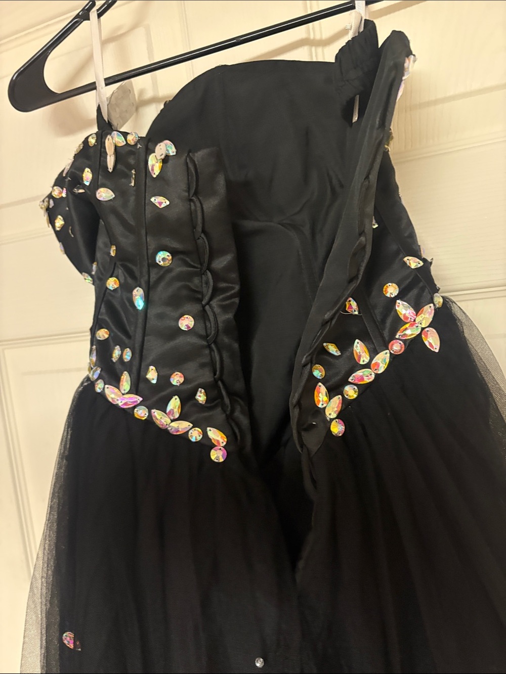 Black Strapless Ball Gown with Iridescent Rhinestones - Picture 3 of 4